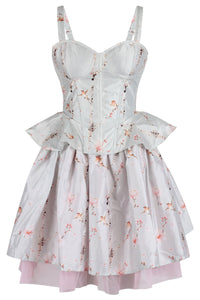 Frosted Blossom Corset & Skirt Set with Soft Pink Bird Print