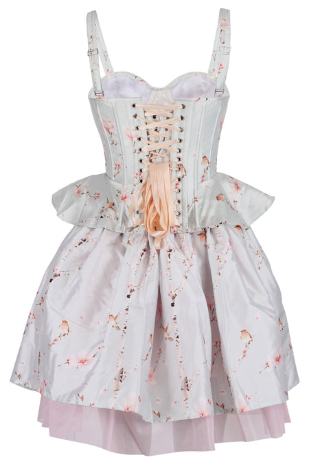 Frosted Blossom Corset & Skirt Set with Soft Pink Bird Print