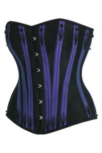 Black Overbust Corset with Purple Boning Channels and Flossing