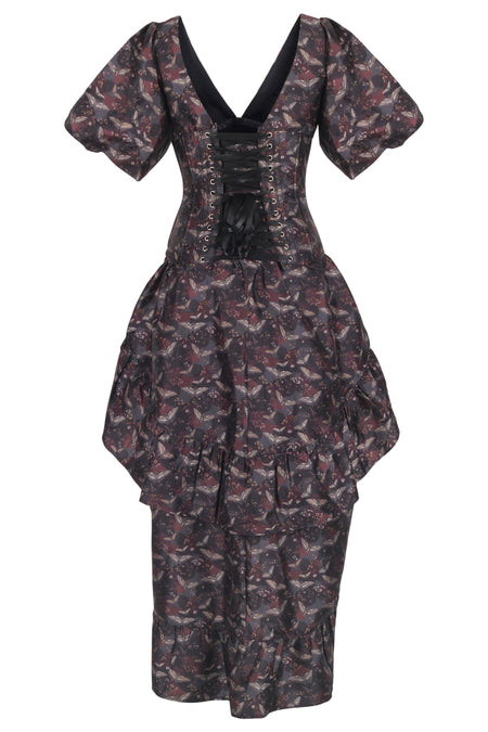 Dark Romantic Corset Gown with Puff Sleeves and Draped High-Low Skirt