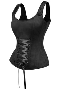 Corset Story BC-004 Black Satin Overbust Corset with zip fastening and button detail straps