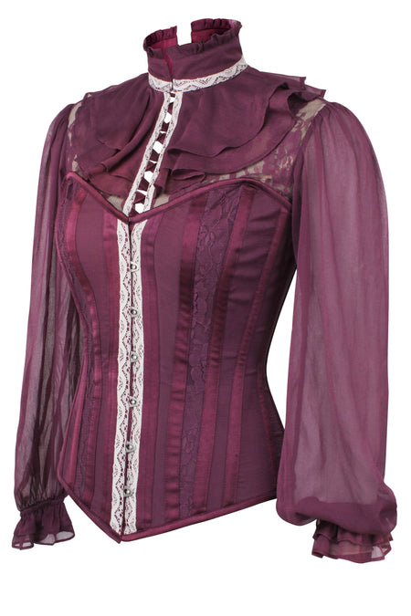 Corset Story FTS130 Dark Plum Corset Shirt With Puff Sleeves