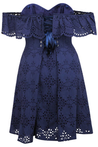 Corset Story SC-062 Peony Summer Navy Broderie Anglaise Cotton Corset Dress With Off The Shoulder Frill